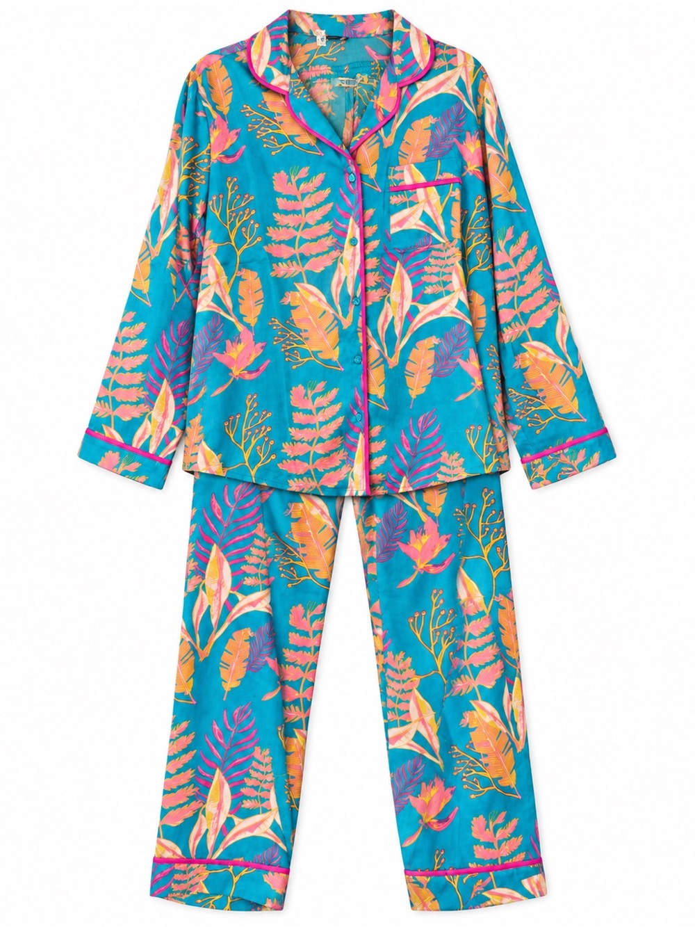 Turquoise Tropical-Print Women's Pajama Set